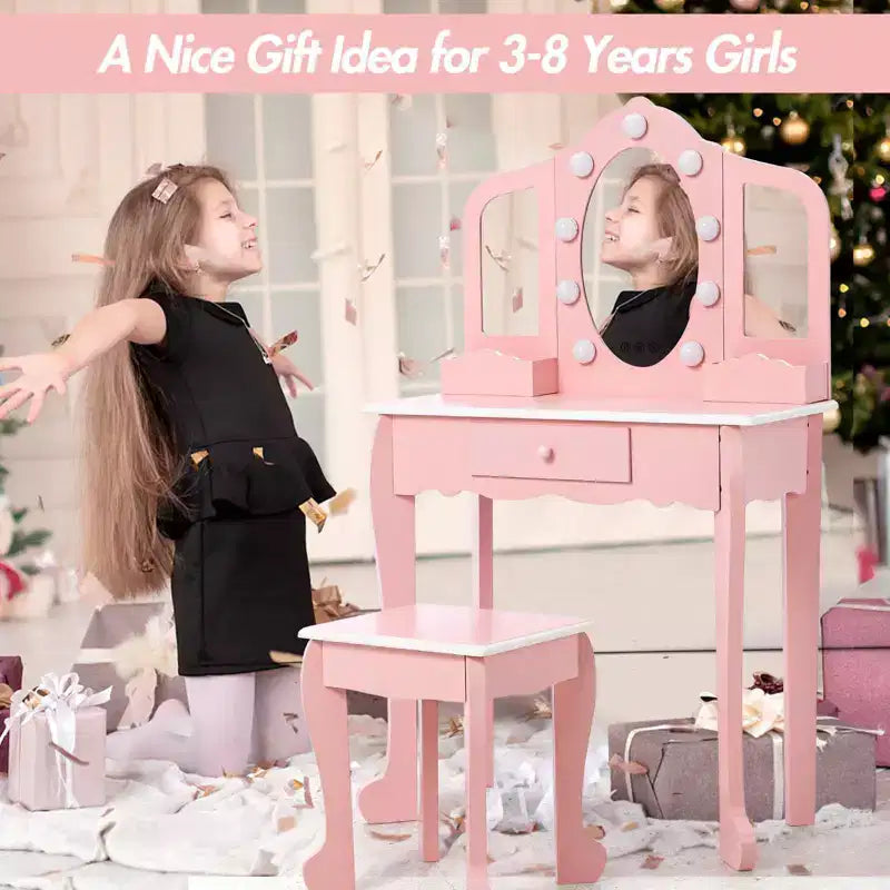 Set Tavolino da Trucco per Bambini con Specchio Triplo Illuminato e Sgabello
