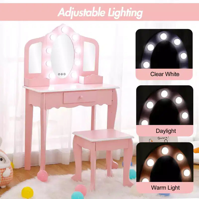 Set Tavolino da Trucco per Bambini con Specchio Triplo Illuminato e Sgabello