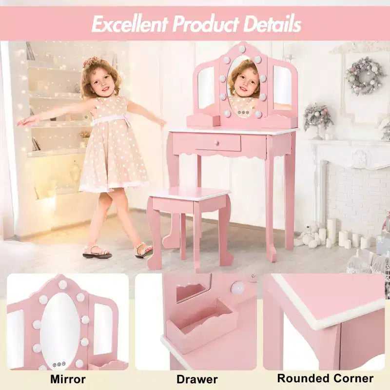 Set Tavolino da Trucco per Bambini con Specchio Triplo Illuminato e Sgabello