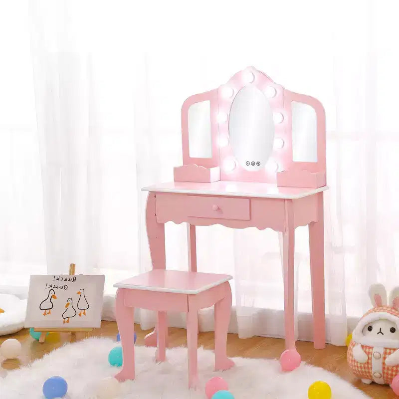 Set Tavolino da Trucco per Bambini con Specchio Triplo Illuminato e Sgabello