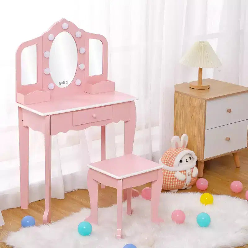 Girls Vanity Set with Lighted Mirror - Tri-Fold Mirror Play Table & Stool with Storage