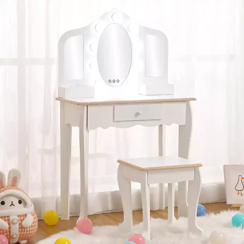 Set Tavolino da Trucco per Bambini con Specchio Triplo Illuminato e Sgabello