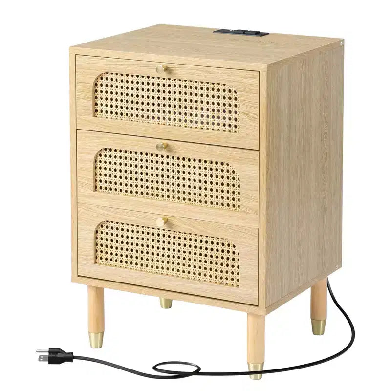 Comodino a 3 cassetti in laminato di legno naturale