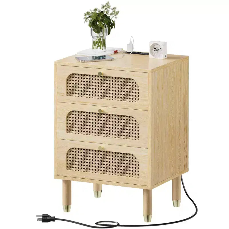 Comodino a 3 cassetti in laminato di legno naturale