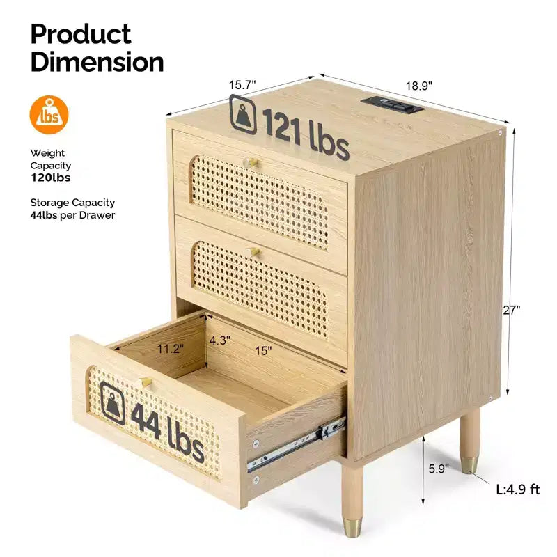 Comodino a 3 cassetti in laminato di legno naturale