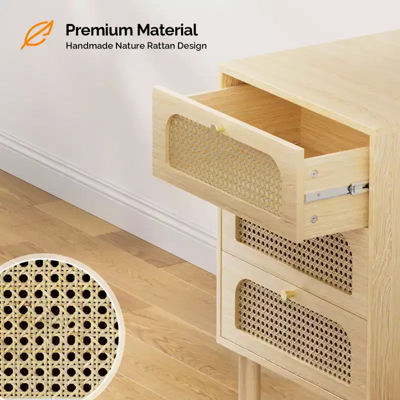 Comodino a 3 cassetti in laminato di legno naturale