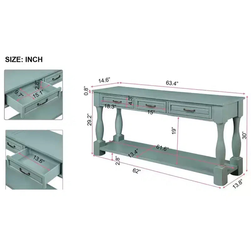 Consolle da 63'' con 3 cassetti e ripiano inferiore, blu retrò