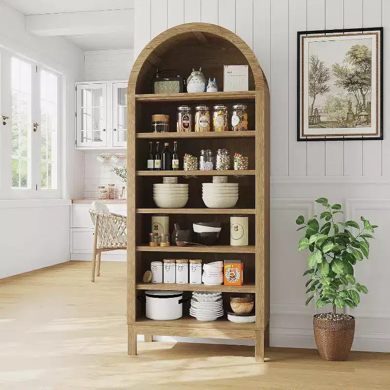 Armadio espositore ad arco da fattoria a 7 ripiani con ripiani regolabili, libreria alta autoportante per dispensa cucina soggiorno