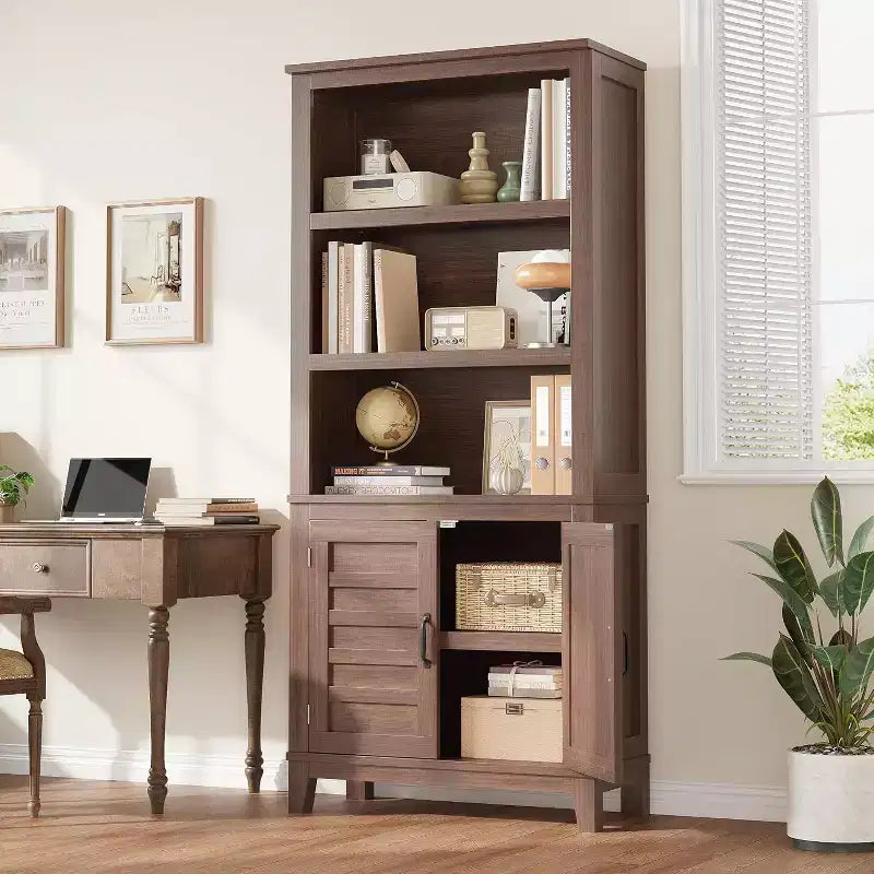Libreria a 5 ripiani con anta, finitura noce, confezione da 2