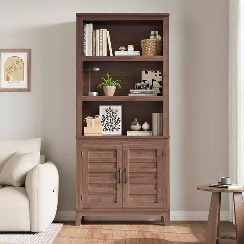 Libreria a 5 ripiani con anta, finitura noce, confezione da 2
