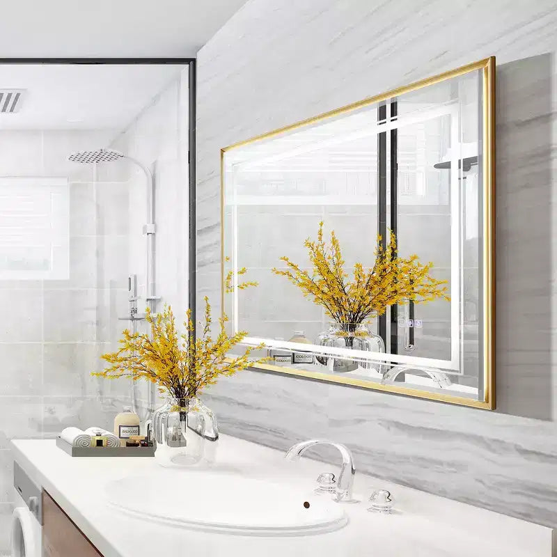 Specchio da parete LED per bagno 40x30 pollici con antiappannamento, cornice in alluminio e vetro flottante HD