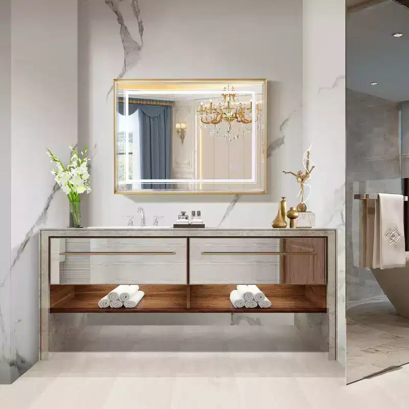 Specchio da parete LED per bagno 40x30 pollici con antiappannamento, cornice in alluminio e vetro flottante HD