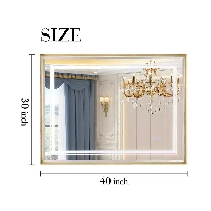 Specchio da parete LED per bagno 40x30 pollici con antiappannamento, cornice in alluminio e vetro flottante HD