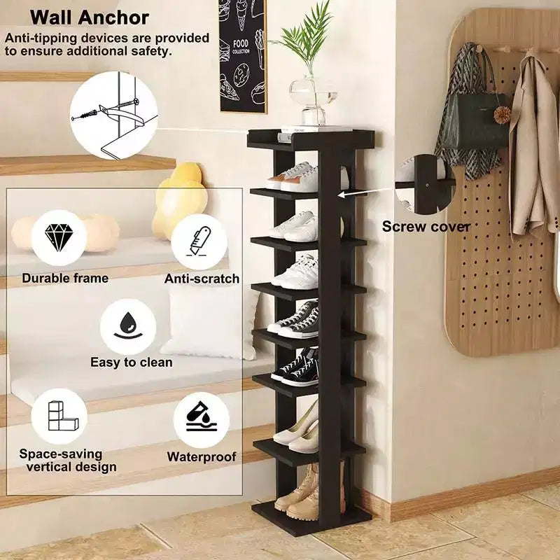 Scarpiera verticale sottile a 7 ripiani in legno per ingresso e armadio, può contenere 7-10 paia