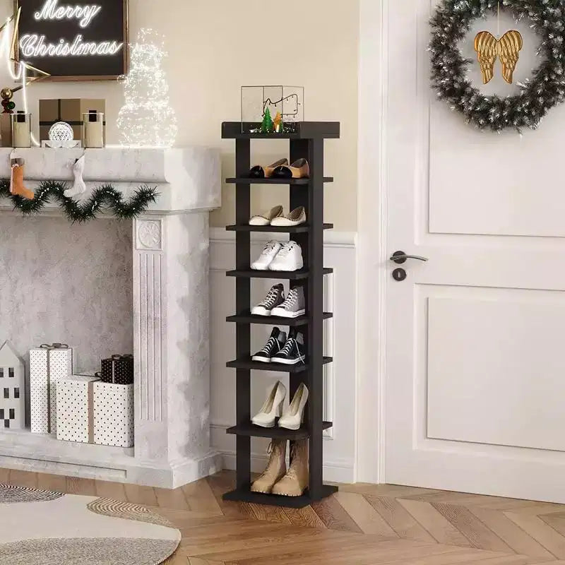 Scarpiera verticale sottile a 7 ripiani in legno per ingresso e armadio, può contenere 7-10 paia