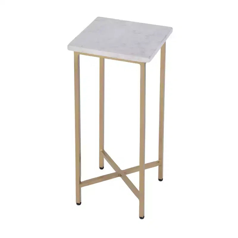 HomeRoots 21 White and Gold Distressed Marble and Iron Square End Table