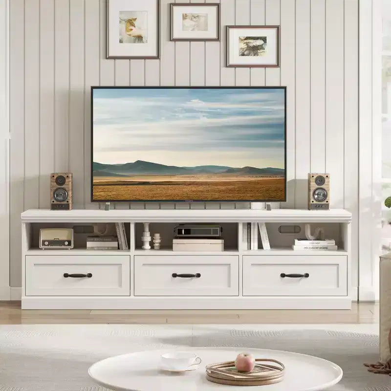 Mobile porta TV per televisori fino a 80 pollici con cassetto portaoggetti e ripiani aperti