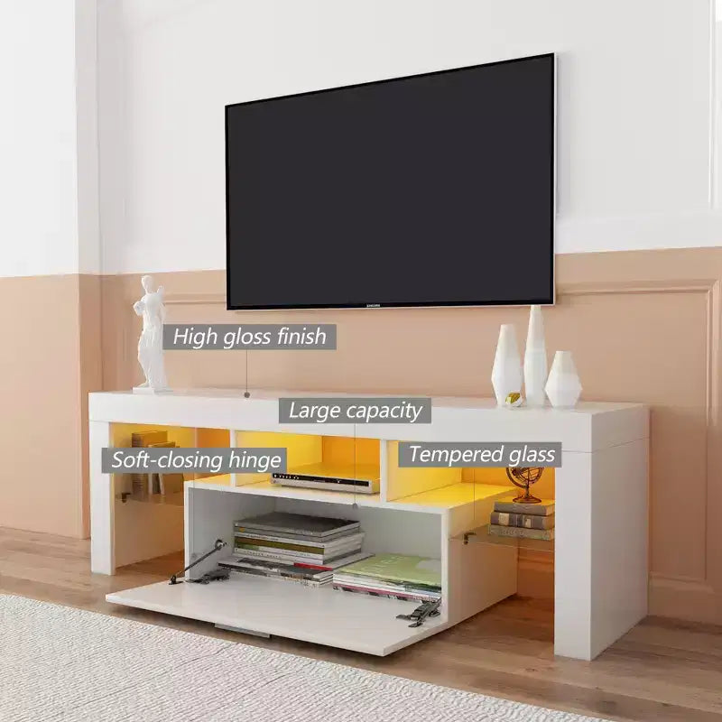 Mobile TV moderno a LED con cassetti e ripiano in vetro