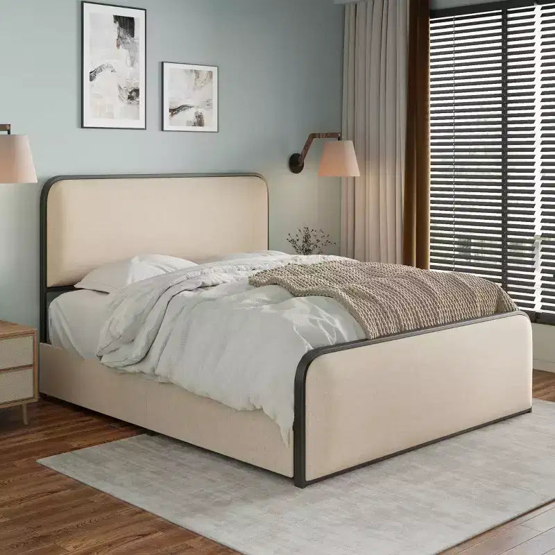 Letto matrimoniale in metallo con piattaforma e testiera imbottita e 4 cassetti contenitore - Beige