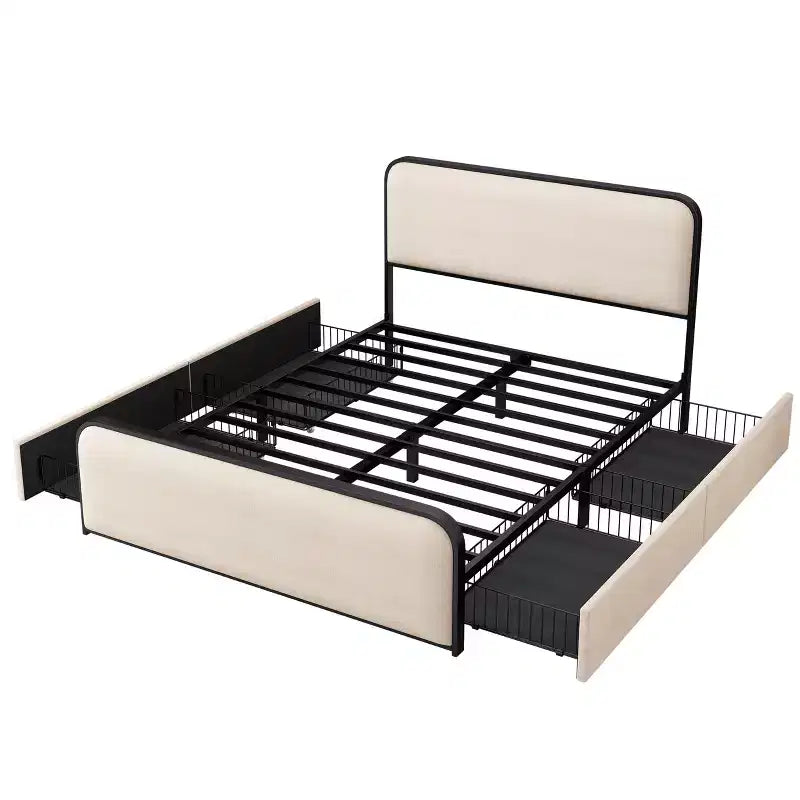 Letto matrimoniale in metallo con piattaforma e testiera imbottita e 4 cassetti contenitore - Beige
