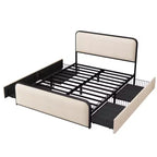 Letto matrimoniale in metallo con piattaforma e testiera imbottita e 4 cassetti contenitore - Beige