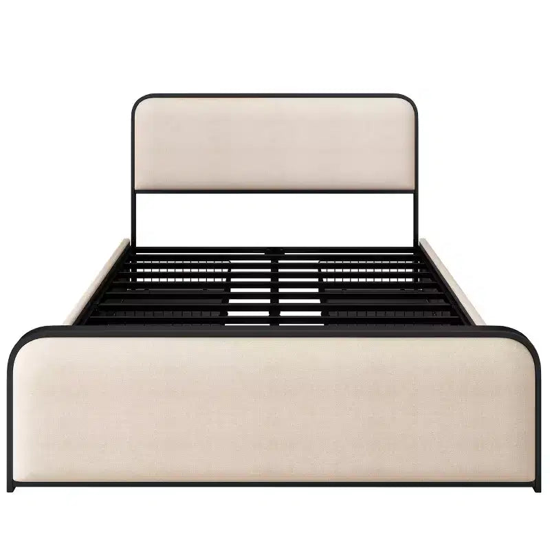Letto matrimoniale in metallo con piattaforma e testiera imbottita e 4 cassetti contenitore - Beige