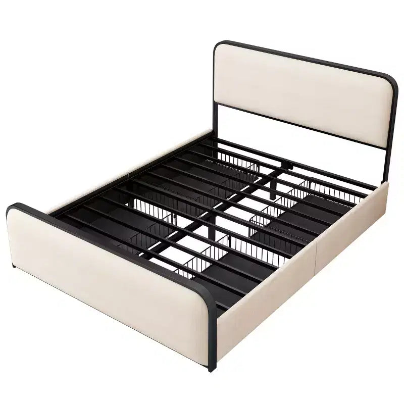 Letto matrimoniale in metallo con piattaforma e testiera imbottita e 4 cassetti contenitore - Beige
