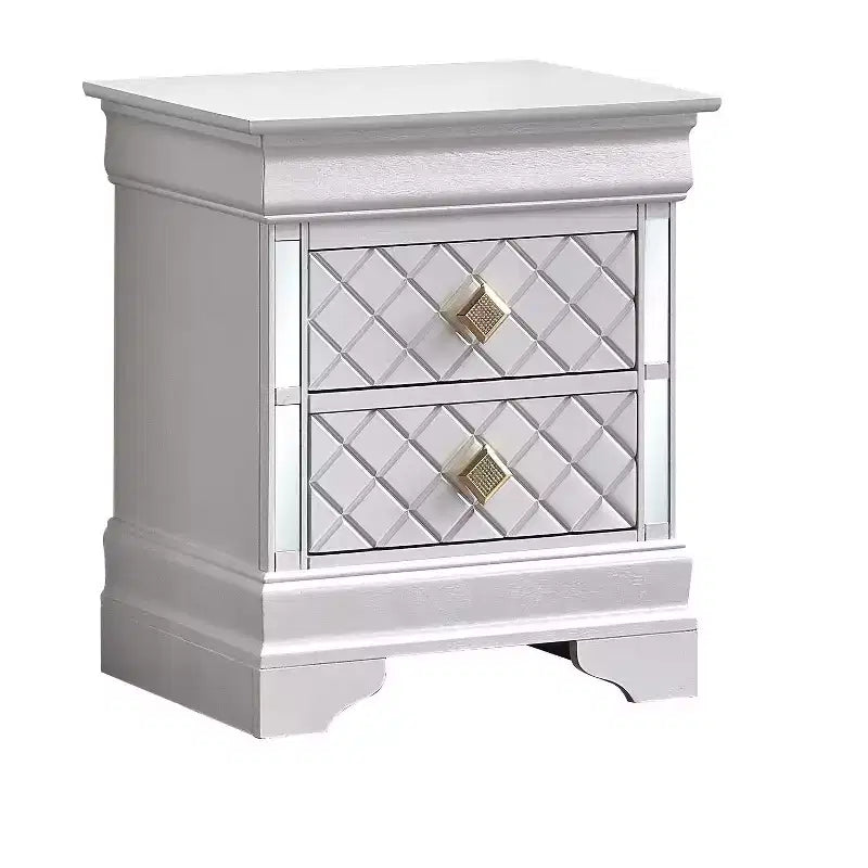 Comodino bianco perla a 2 cassetti con giunzioni a coda di rondine