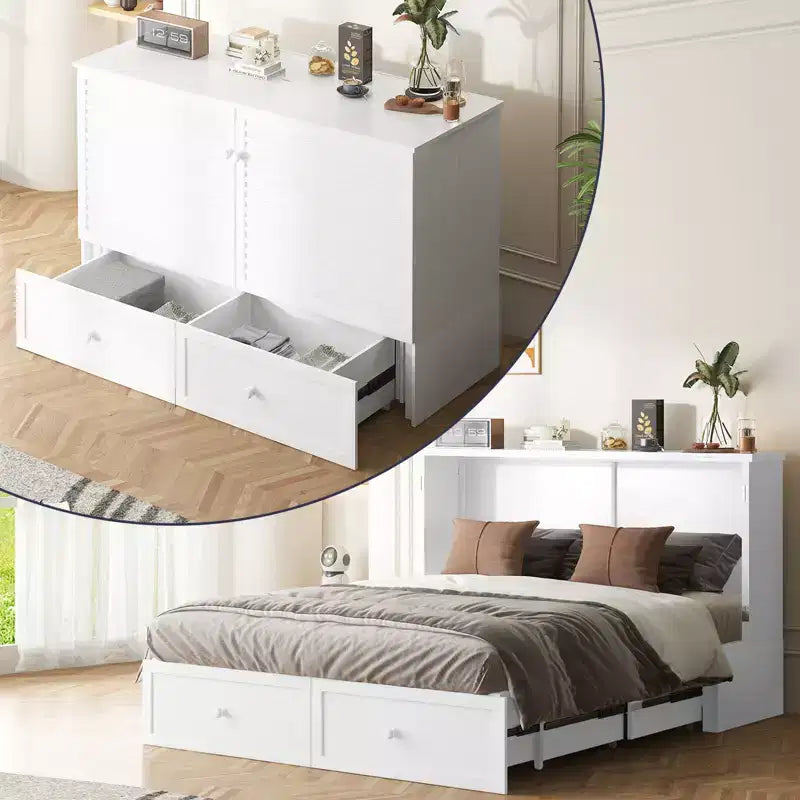 Letto a scomparsa matrimoniale moderno con porte USB, 2 cassetti e materasso da 12 cm