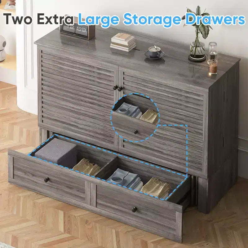Letto a scomparsa matrimoniale moderno con porte USB, 2 cassetti e materasso da 12 cm