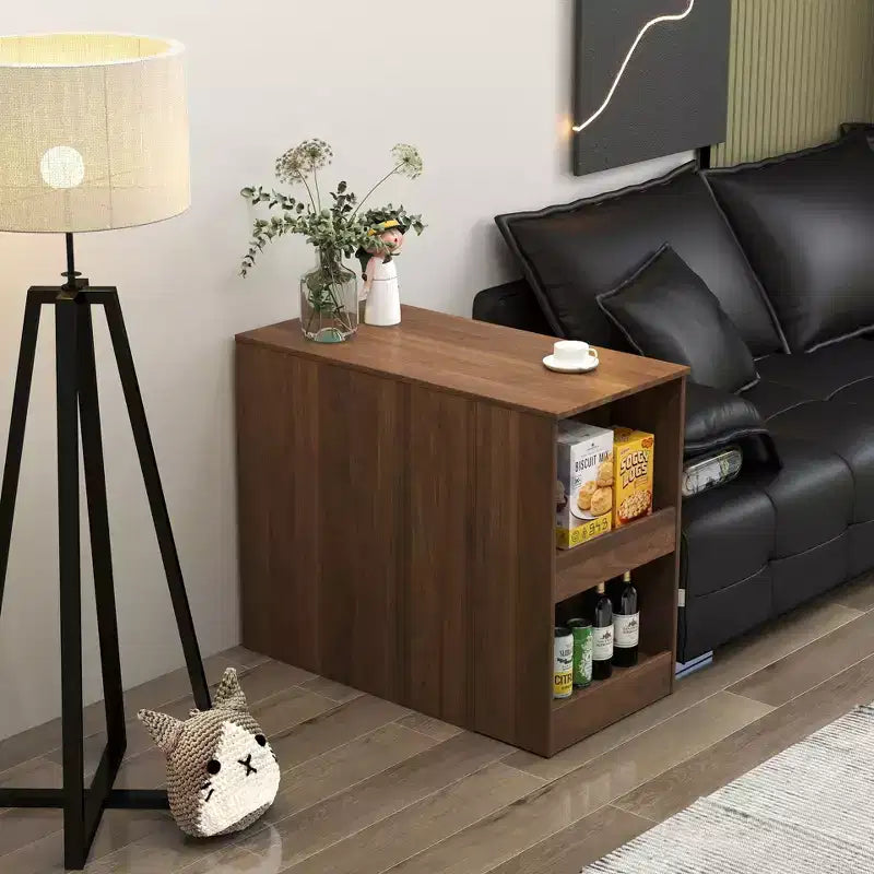 Scrivania ad angolo allungabile in legno rustico con cassetti e ripiani aperti