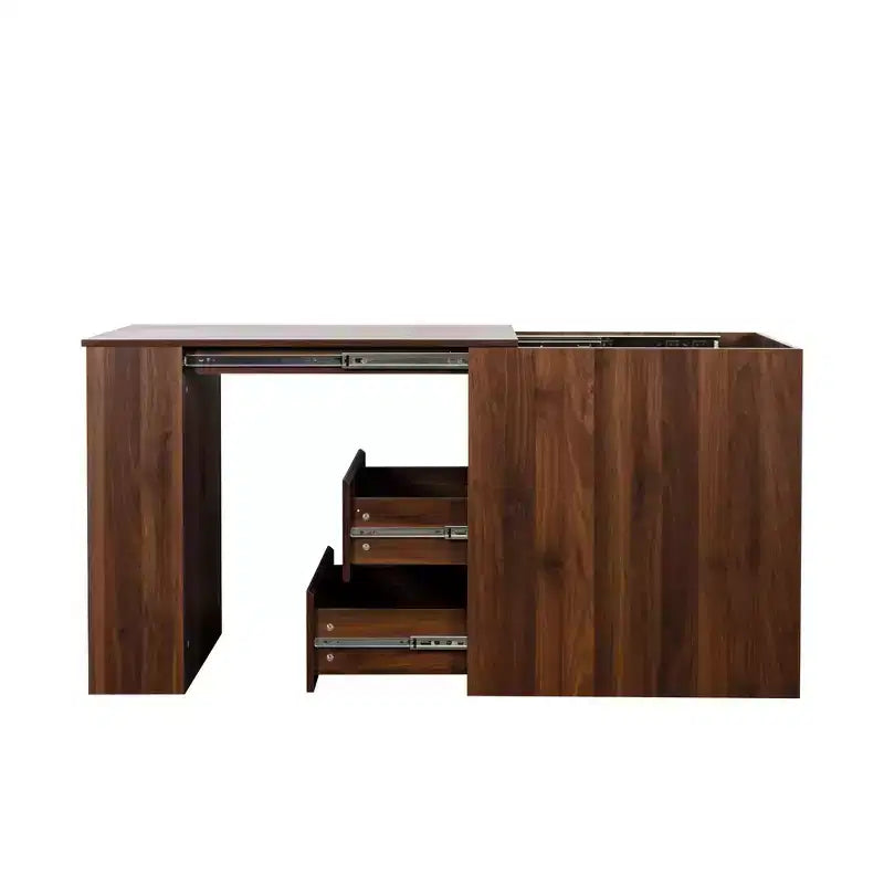 Scrivania ad angolo allungabile in legno rustico con cassetti e ripiani aperti