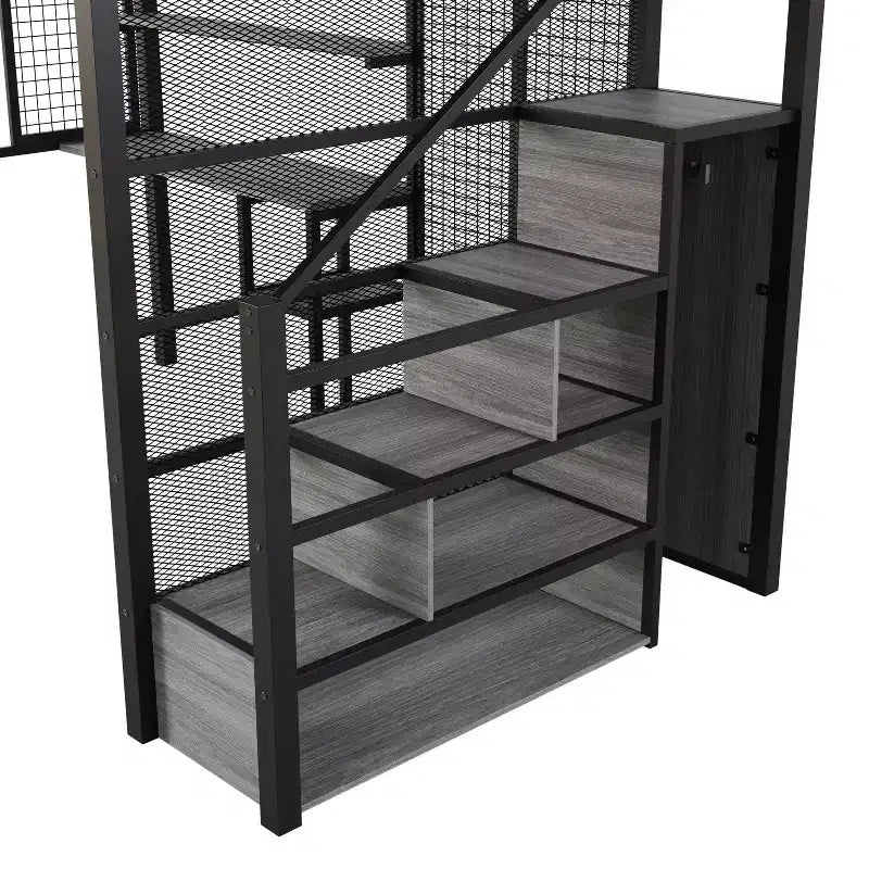 Letto a soppalco full size con scrivania, armadio e scala contenitore