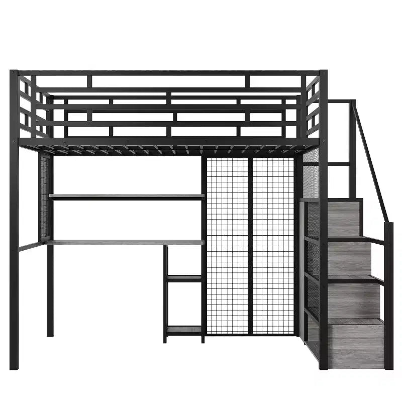 Letto a soppalco full size con scrivania, armadio e scala contenitore