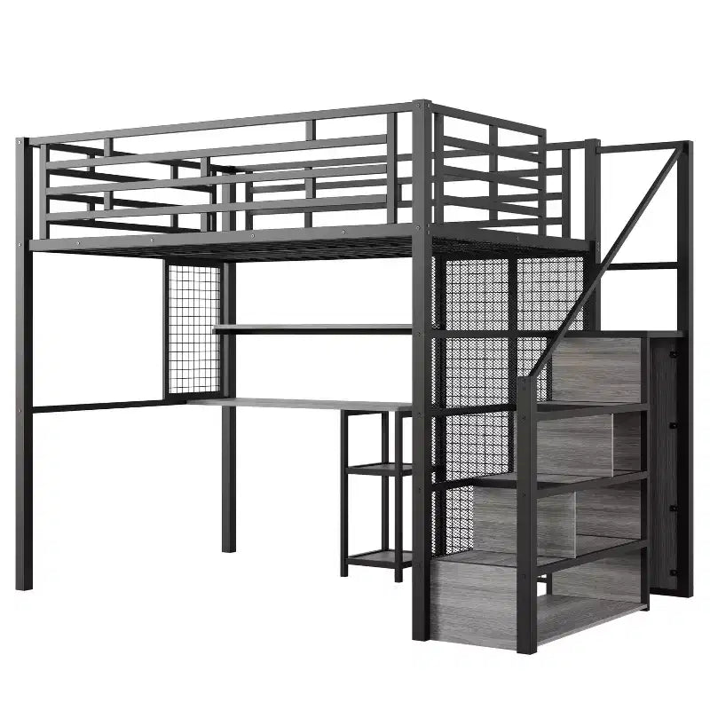 Letto a soppalco full size con scrivania, armadio e scala contenitore