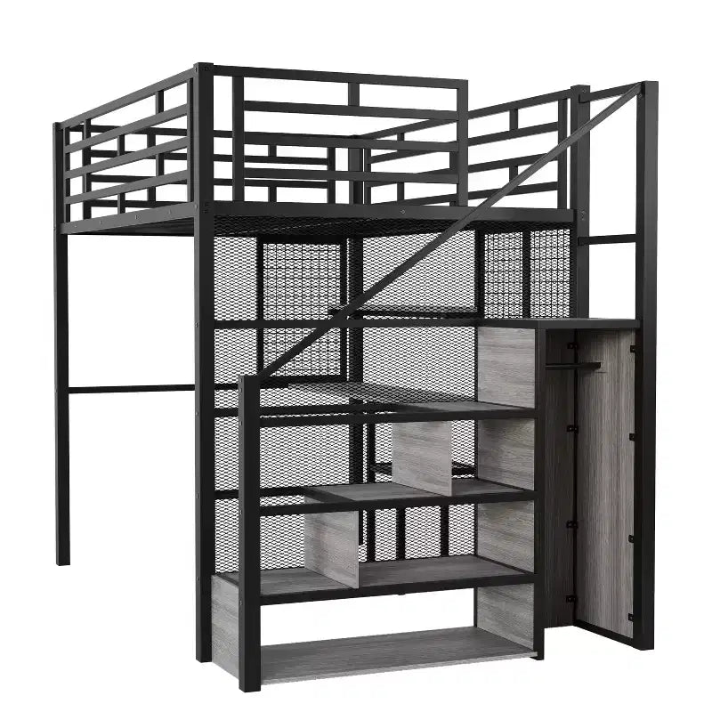 Letto a soppalco full size con scrivania, armadio e scala contenitore