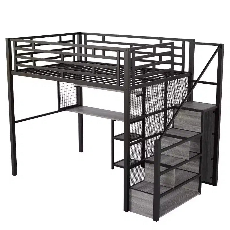 Letto a soppalco full size con scrivania, armadio e scala contenitore