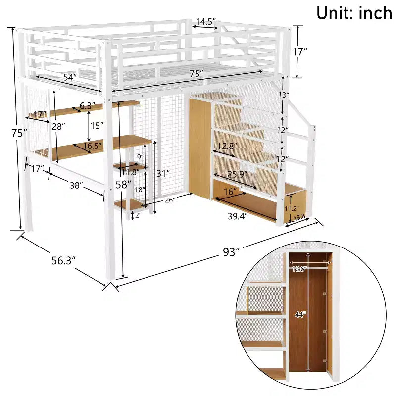 Letto a soppalco full size con scrivania, armadio e scala contenitore