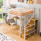 Letto a soppalco full size con scrivania, armadio e scala contenitore