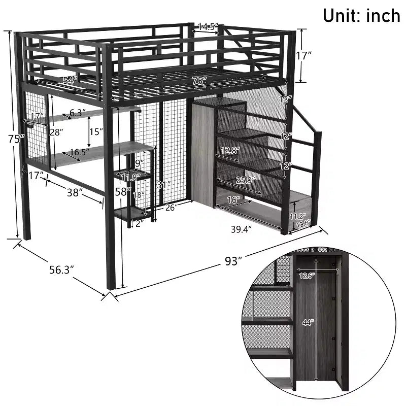 Letto a soppalco full size con scrivania, armadio e scala contenitore