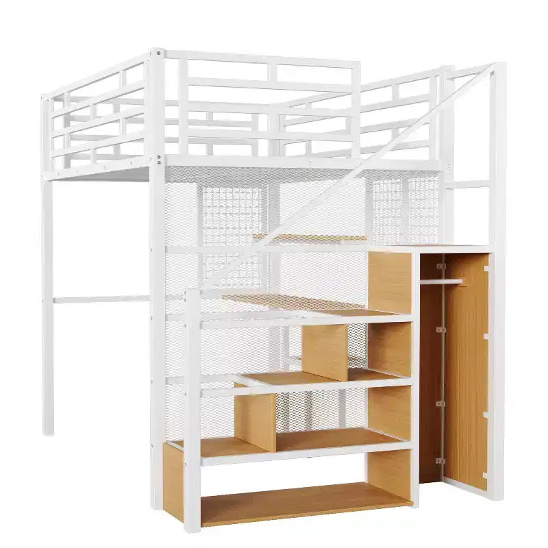 Letto a soppalco full size con scrivania, armadio e scala contenitore