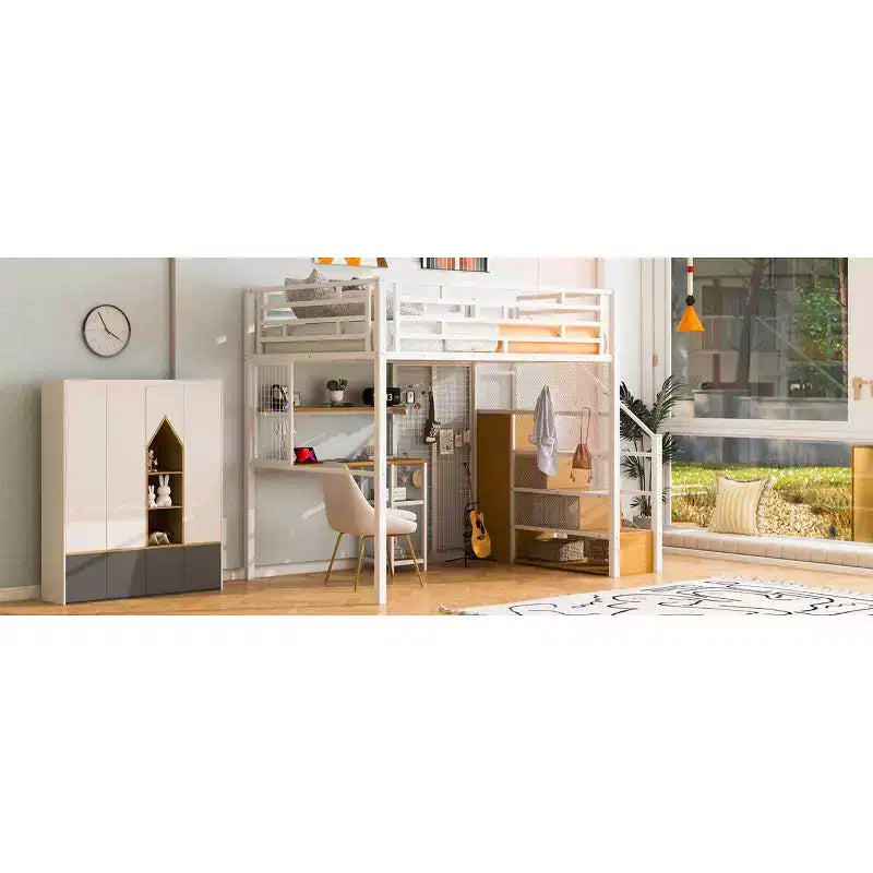 Letto a soppalco full size con scrivania, armadio e scala contenitore