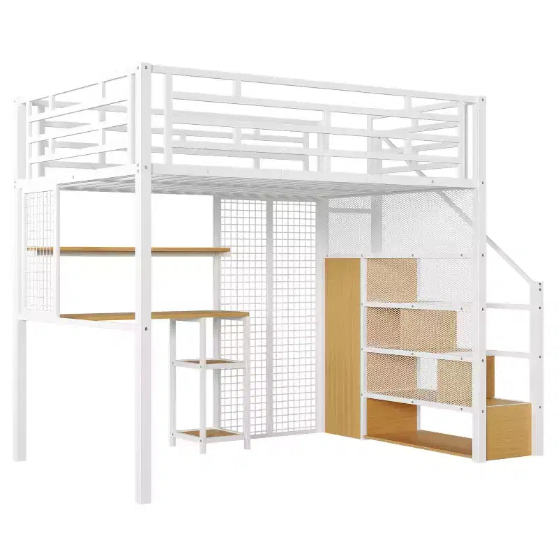 Letto a soppalco full size con scrivania, armadio e scala contenitore
