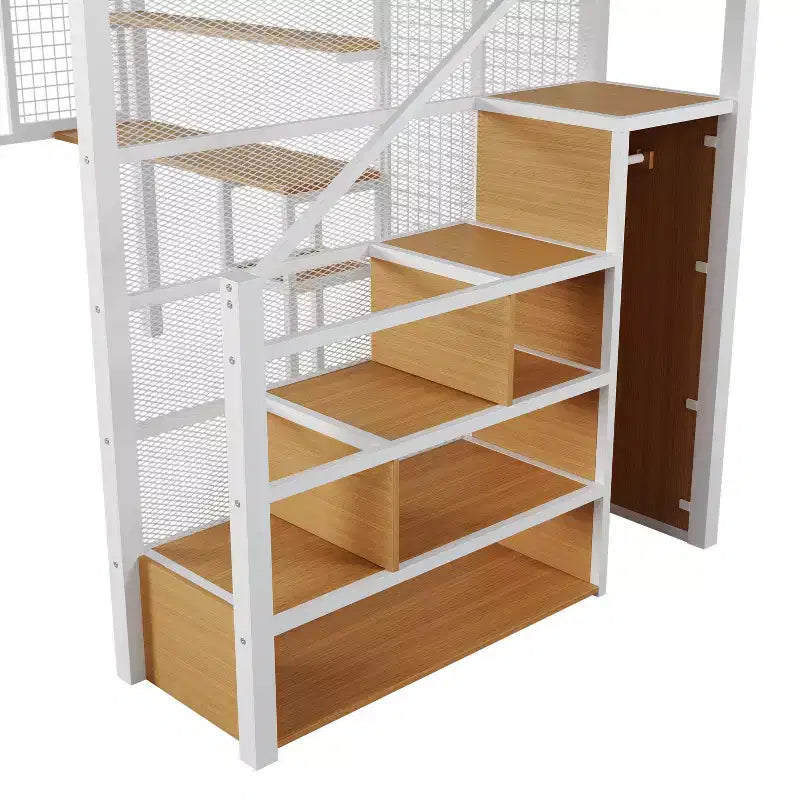 Letto a soppalco full size con scrivania, armadio e scala contenitore