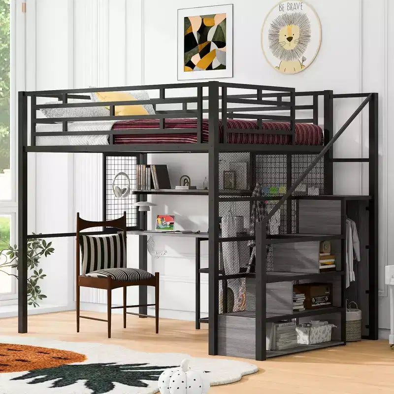 Letto a soppalco full size con scrivania, armadio e scala contenitore