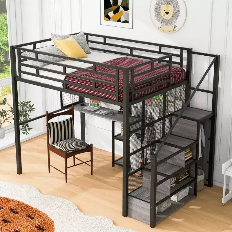 Letto a soppalco full size con scrivania, armadio e scala contenitore
