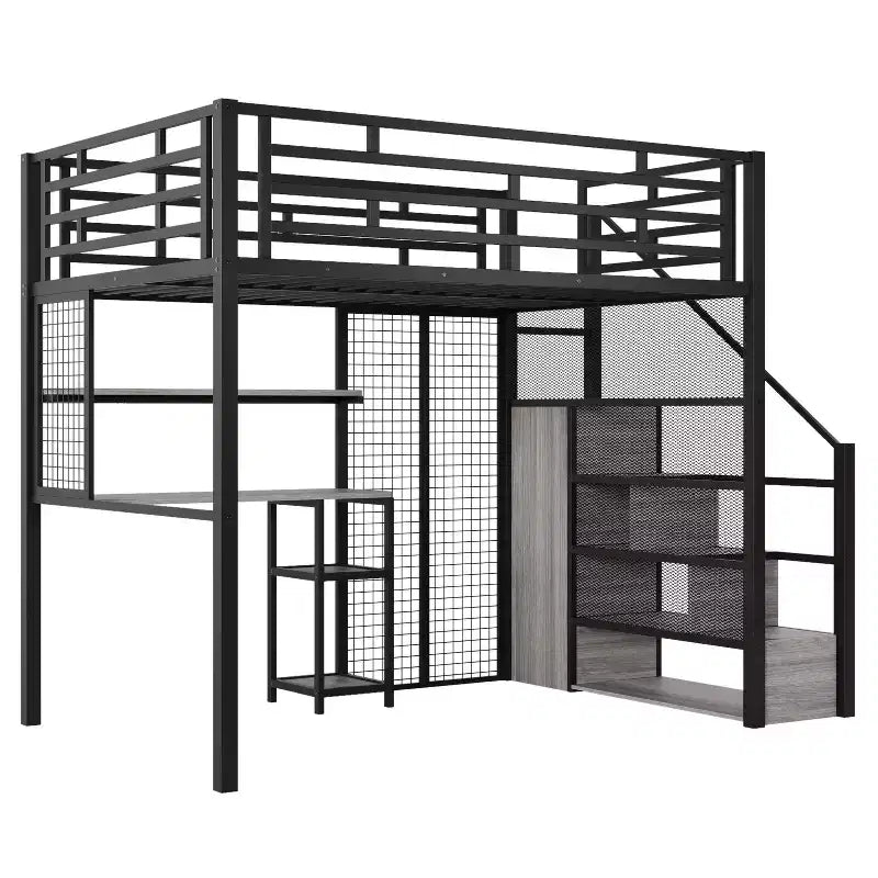Letto a soppalco full size con scrivania, armadio e scala contenitore