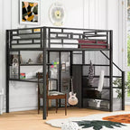 Full Size Loft Bed with Desk and Wardrobe, Heavy Duty Metal Bedframe with Wooden Storage Stairs and Shelves for Kids Teens