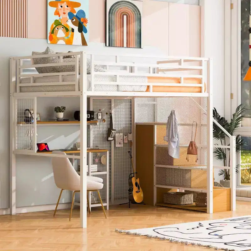 Letto a soppalco full size con scrivania, armadio e scala contenitore