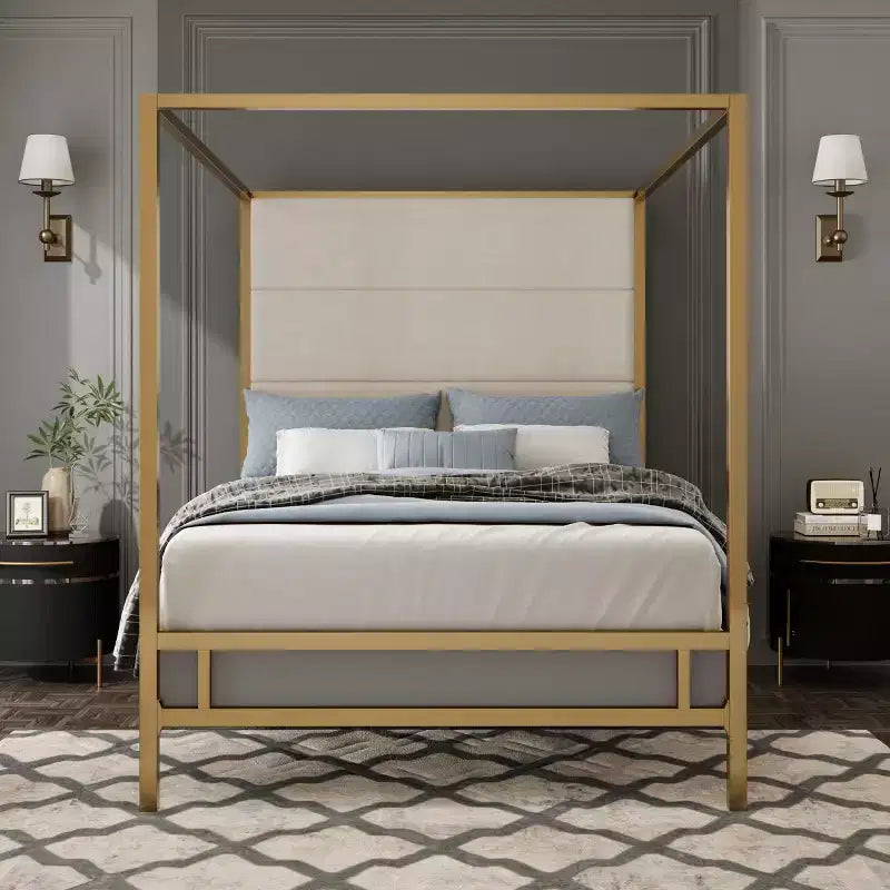 Letto a baldacchino moderno king size con testiera alta in lino imbottita